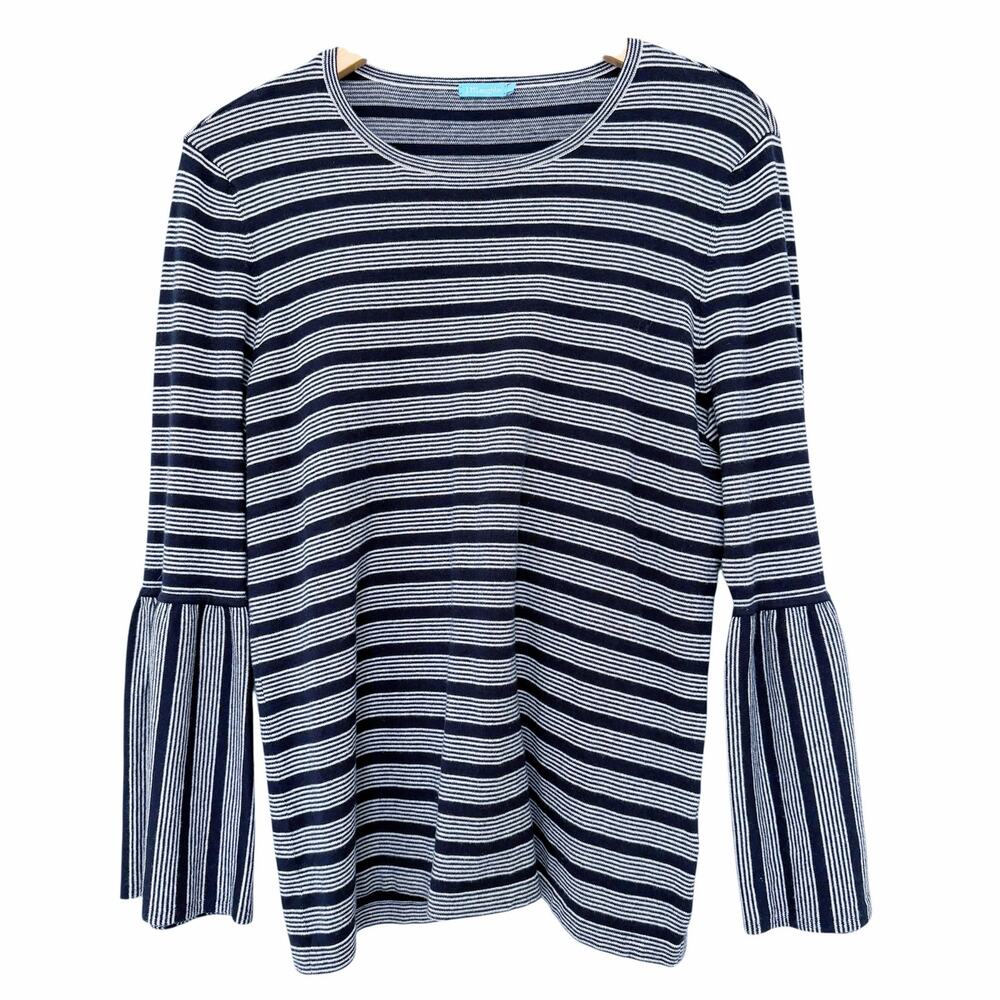 J. McLaughlin Navy Blue Striped Peplum Sleeve Shirt Sz L